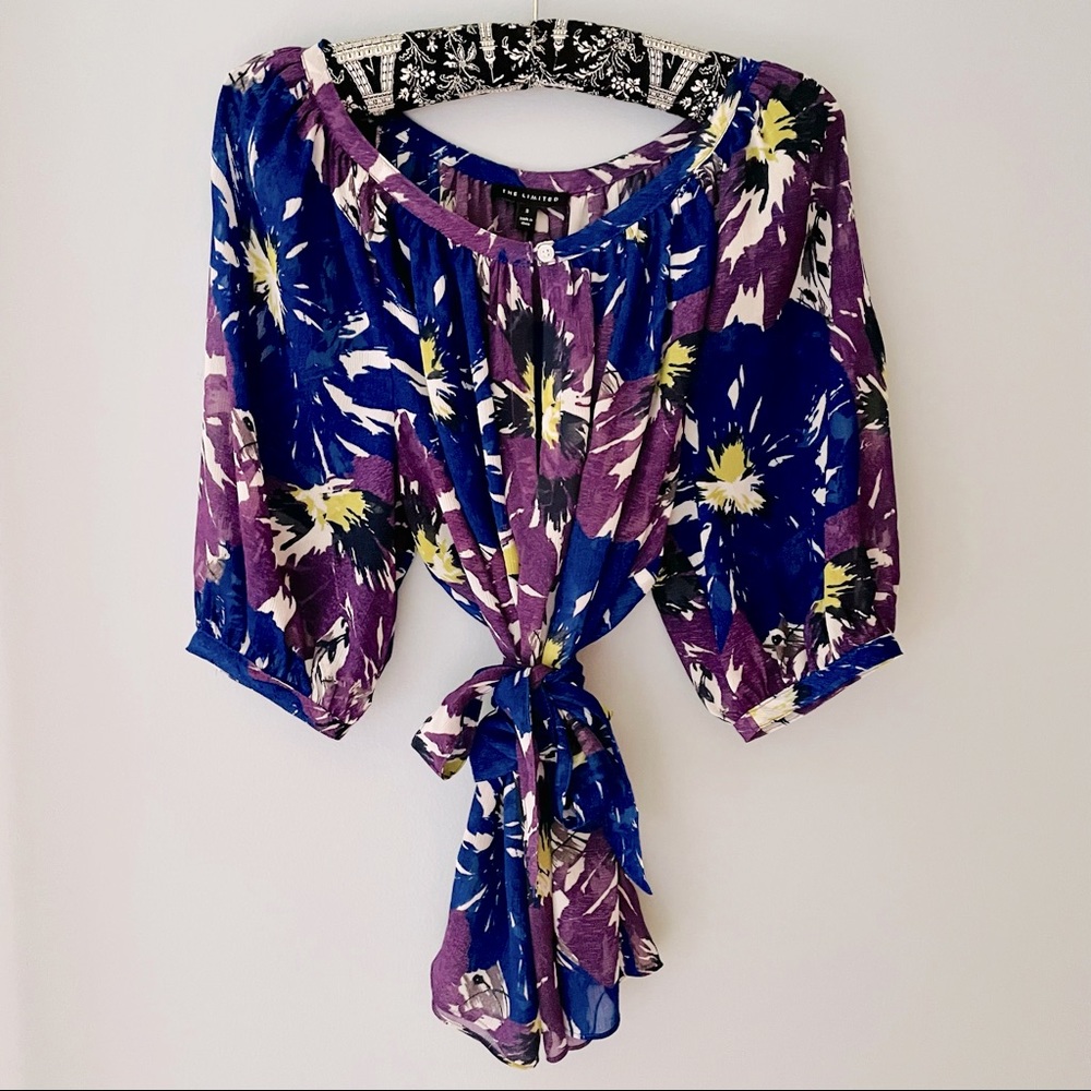 The Limited Tie Waist Blouse - Blue & Purple Floral